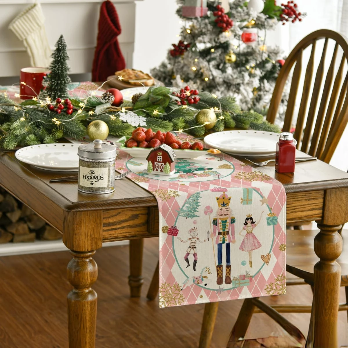 Christmas Table Runner - Christmas Diamond Plaid Nutcracker Snowflake Table